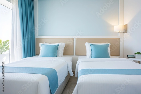 Fototapeta A clean and comfortable hotel accommodation room with a neat twin bed in a white and  emerald green theme. Generative AI.
