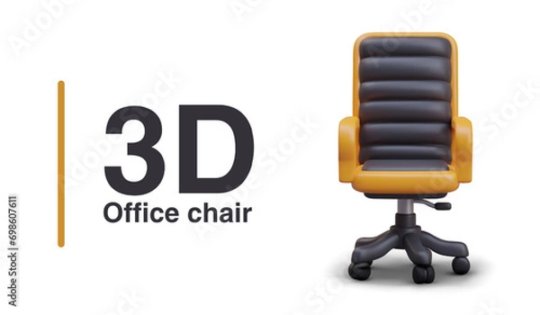 Fototapeta Realistic office chair for long-sitting work. Placard for store selling office furniture. Vector illustration in 3d style with place for text in black and yellow colors