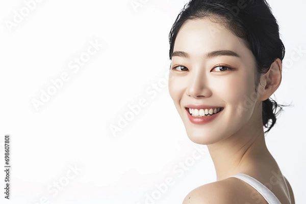 Fototapeta Beautiful portrait asian Korean woman makeup of cosmetic, beauty of happy girl with face smile attractive isolated on white background, perfect with wellness and healthcare concept.
