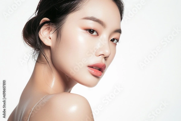 Fototapeta Beautiful portrait asian Korean woman makeup of cosmetic, beauty of happy girl with face smile attractive isolated on white background, perfect with wellness and healthcare concept.