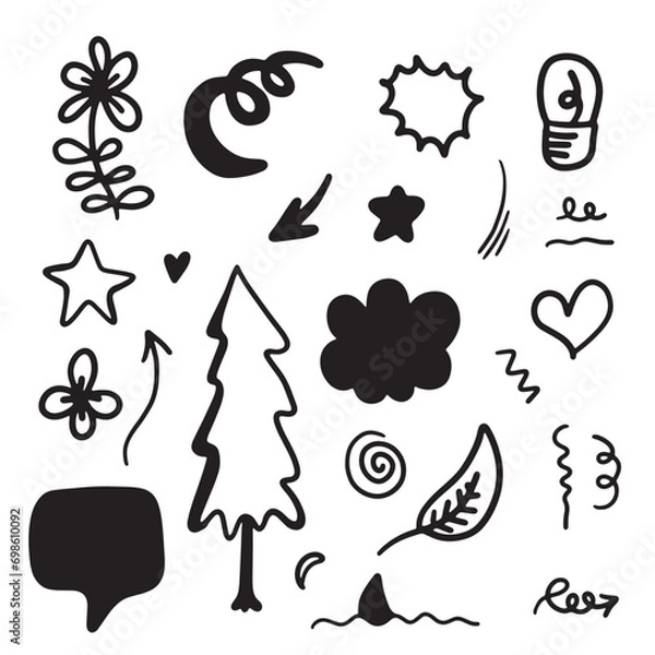 Fototapeta hand drawn set element,black on white background.arrow,leaves,speech bubble,heart,ribbon,flowers,emphasis,swirl,for concept design.