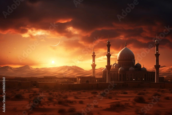 Fototapeta A view of a mosque in the desert with a crescent of a moon in the sky. Generative AI