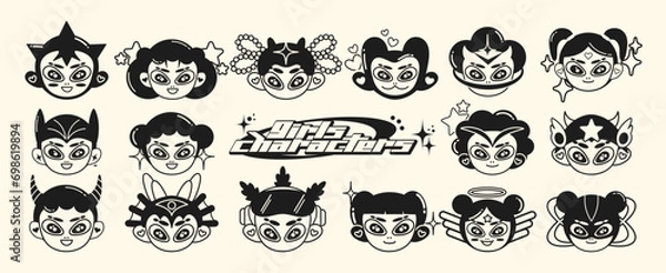 Fototapeta Retro cartoon character in Y2K style. Cyber girls with stars for 90s design. Collection of vector funky futuristic objects