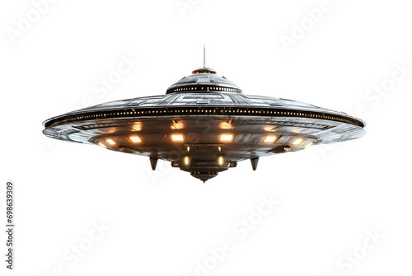 Fototapeta From outer space, a UFO flying saucer spaceship which is an alien craft, Isolated on Transparent Background, PNG