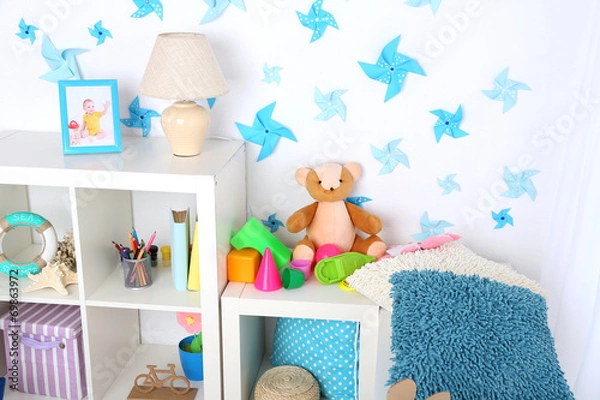 Fototapeta Colorful toys on fluffy carpet in children room
