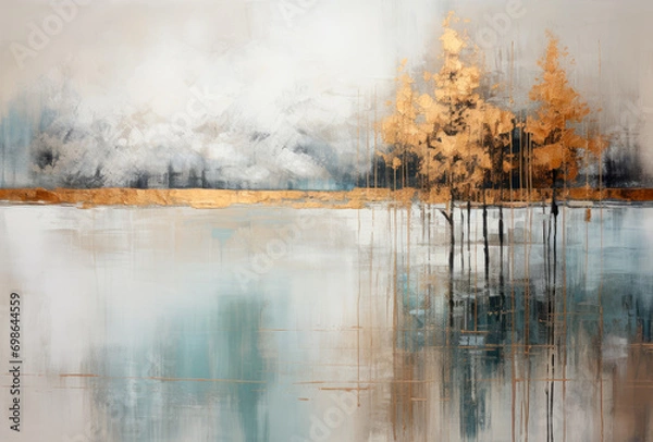 Obraz Splashes of bright paint on the canvas. Landscape. Gold, black, blue and gray colors. Interior painting. Beautiful background. Generative AI.