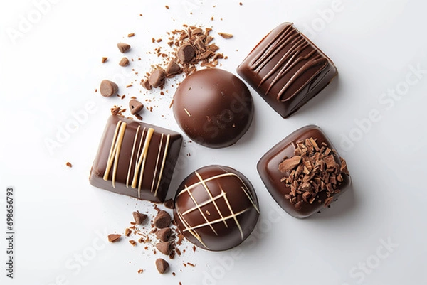 Fototapeta Assorted chocolates on a white background, valentines day