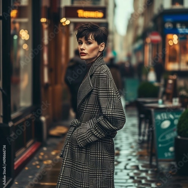 Fototapeta 街を歩く灰色チェックのコートを着たモデル女性