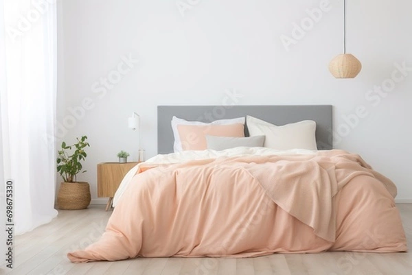 Fototapeta Bedroom in the trending color of 2024. Peach tones. Bedroom design.