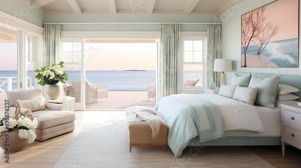Fototapeta A serene bedroom featuring a soft, seafoam-green bedspread against a backdrop of creamy, vanilla-colored walls and accents of coral pink, emanating coastal serenity.