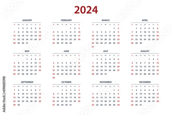 Fototapeta Calendar Planner for 2024. Calendar template for 2024. Colorful wall calendar in English on a white background. Vector template