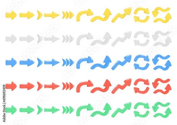 Fototapeta Set of realistic colorful 3d arrows. Different colors shape of pointer 3d icon. Collection of left, right, straight, up, down, round sign. Abstract vector illustration isolated on white background