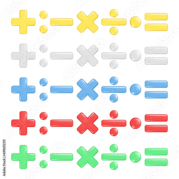 Obraz Realistic 3d plus, minus, multiply, division and equal sign. Decorative arithmetic 3d element, education maths icon, mathematical symbol. Abstract vector illustration isolated on white background