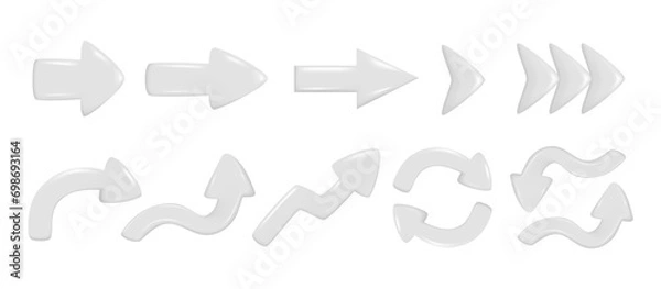 Fototapeta Set of realistic 3d gray glossy arrows. Different shape of pointer 3d direction icon. Collection of left, right, straight, up, down, round sign. Vector illustration isolated on white background