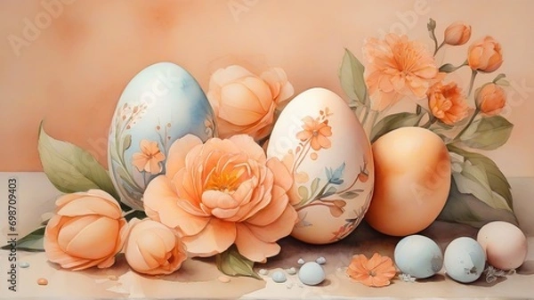 Fototapeta watercolor image of Easter eggs and flowers on a Peach Fuzz color background, Easter watercolor card
