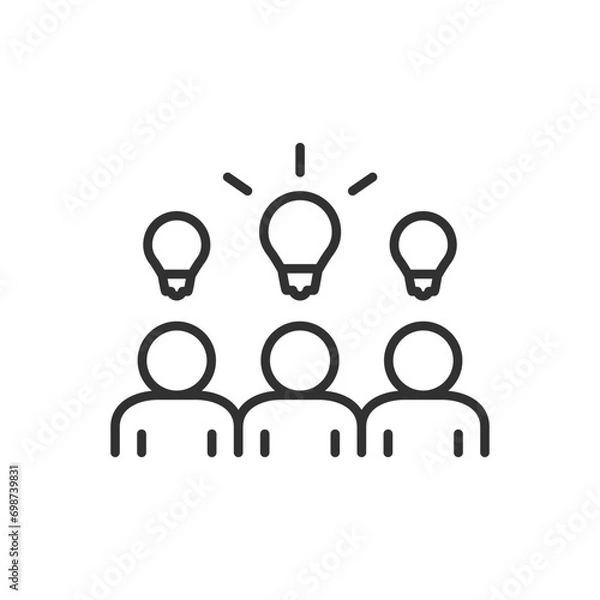 Fototapeta Ideas and brainstorming, linear icon. People and the light bulb overhead. Line with editable stroke