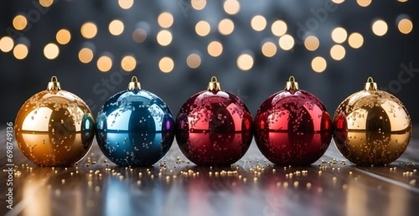 Fototapeta festive array of red, yellow, and blue Christmas baubles