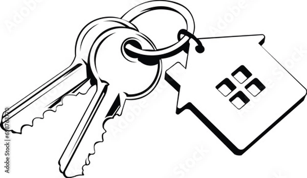 Obraz Cartoon Black and White Isolated Illustration Vector Of A Pair Of House Keys with A House Keychain