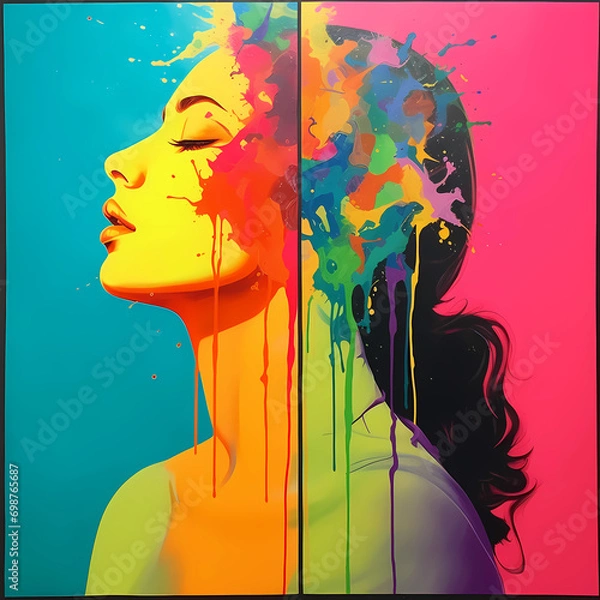 Fototapeta hiperrealistic an inverted psicodelic in four parts. 1 in color pink. 2 in color green. 3 in color yellow. 4 in color orange On a light blue wall like a sheet a simple silhouette of a woman drawed wit