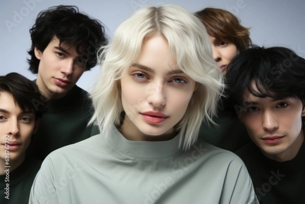 Fototapeta Young woman standing amidst four young men, creating a dynamic group composition