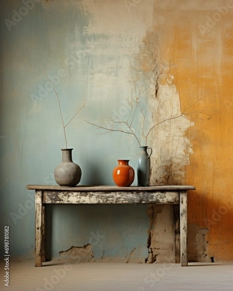 Fototapeta Rustic Wooden Table with Colorful Vases and Distressed Wall Paint