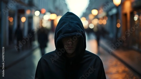 Fototapeta Young boy wearing black hoodie isolated on a blurred bokeh background