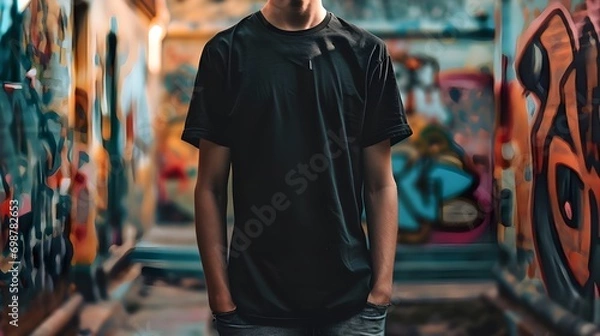 Fototapeta Young slim teen age boy wearing short sleeved black t-shirt standing in graffiti walls street, Shirt Mockup Template on hipster adult for design print