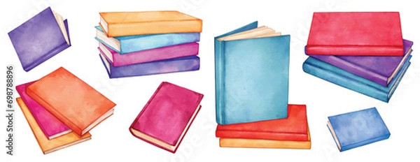 Fototapeta Stack of books. school books pile. education book heap. Study books pile. Textbook stack for reading. hand drawn watercolor illustration	
