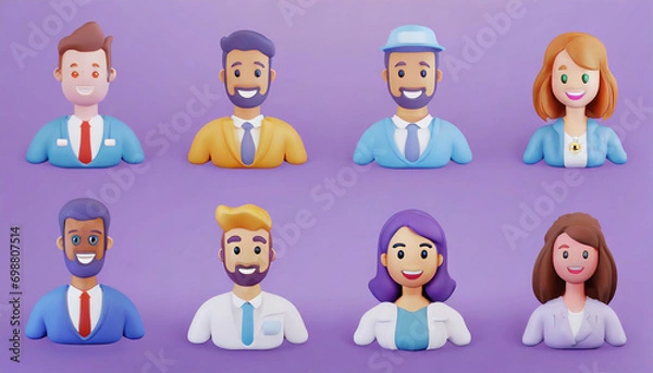 Obraz 3D illustration of smiling people close up portraits set. Cute cartoon business men and women avatars, multi ethnic male and female characters faces, isolated on white