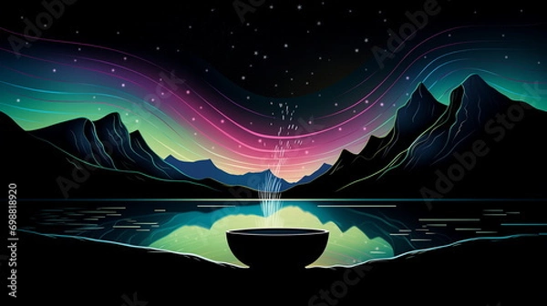 Obraz A bowl of water with rainbow lights in the background