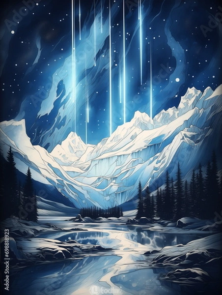 Obraz A painting of a mountain with a lake and trees