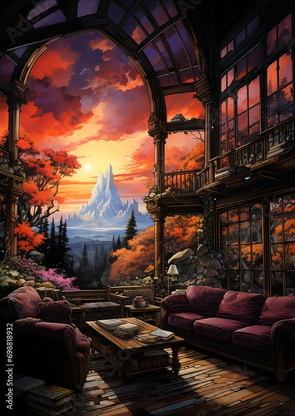 Obraz A room with a view of a mountain and trees