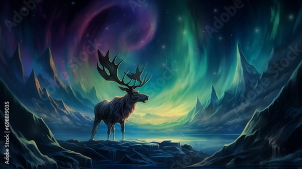 Obraz A moose with large antlers standing on a rocky surface