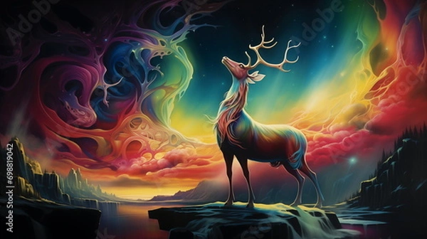 Obraz A painting of a deer with colorful clouds and a rainbow sky