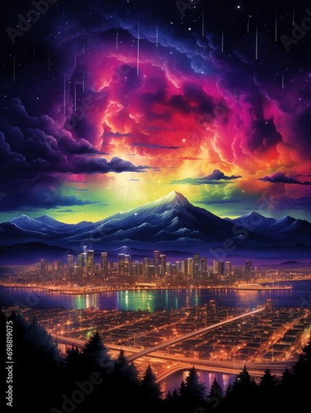 Obraz A city with lights and mountains in the background