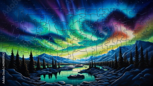 Obraz A puzzle of a landscape with a rainbow light