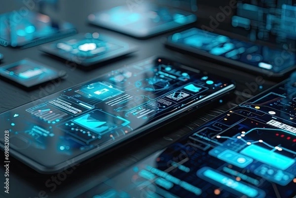 Fototapeta A mobile phone showing data transactions and diagrams. Technology concept.