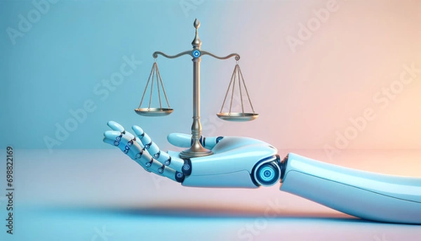 Obraz AI Robot Hand Holding Balanced Scale of Justice