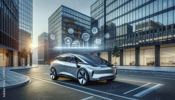 Obraz Electric Vehicle and AI Integration in a Modern Business District