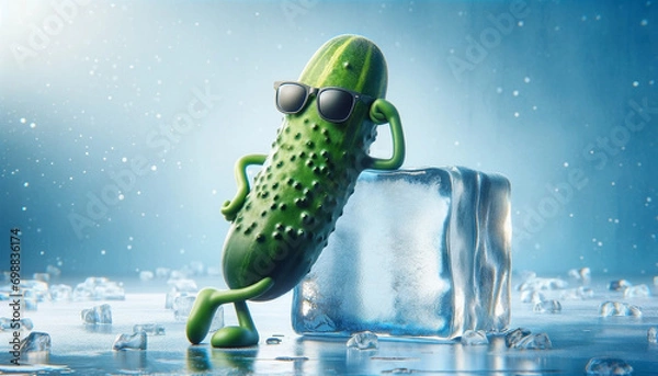 Fototapeta A cucumber character wearing sunglasses and casually leaning against a block of ice - Generative AI