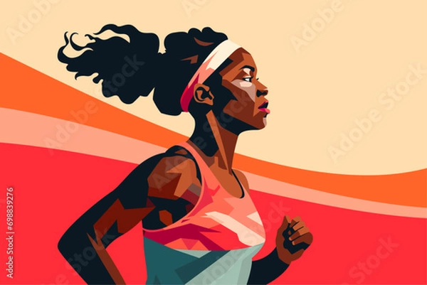 Obraz Young woman running a marathon against a simple abstract background.