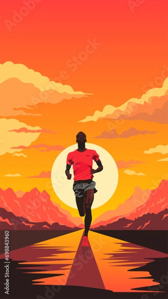 Obraz Young man running through a sunny desert landscape.