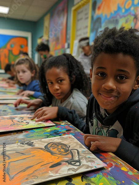 Fototapeta A Diverse Group Of Children Participating In A Black History Month-Themed Art Contest Expressing Their Understanding Through Creativity