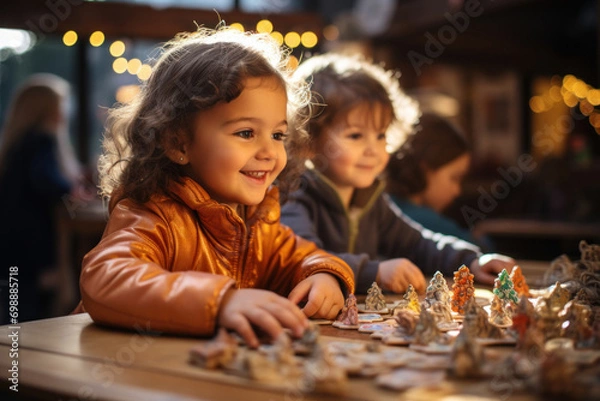 Fototapeta Close-up view of cute happy preschool girl sitting at desk in kindergarten