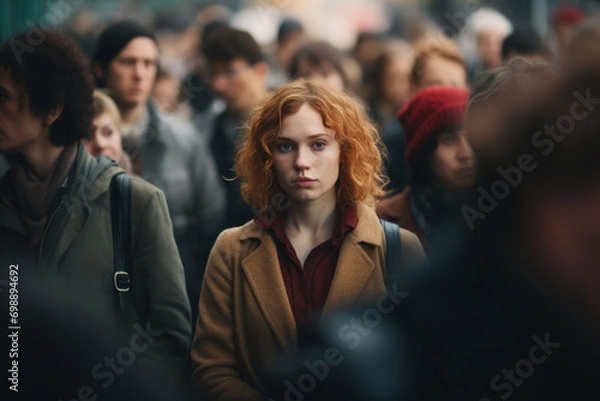 Obraz Lonely unhappy tired woman standing in a crowd of people, loneliness in society