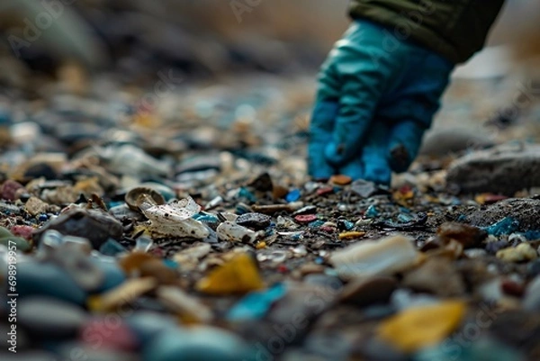 Obraz A person wearing gloves picking up trash on a beach