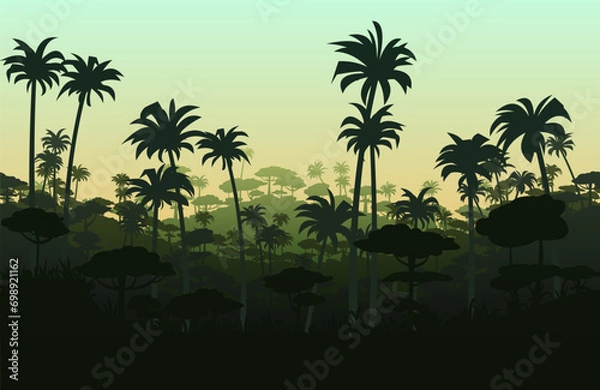 Fototapeta Spreading palm trees silhouette. Tropical forest. Dense jungle with big trees. Thickets of plants. Cartoon fun style. Flat design. Vector