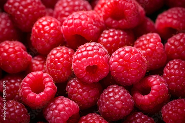 Fototapeta Close up of many fresh raspberry fruits