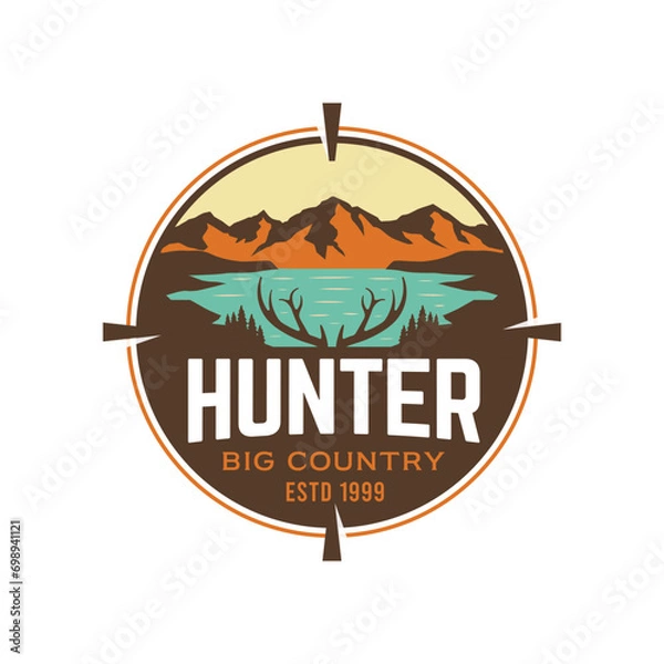 Fototapeta Vintage Rustic Badge Classic Hunting Logo Design With Mountains Lake and Deer Antler And scope Target