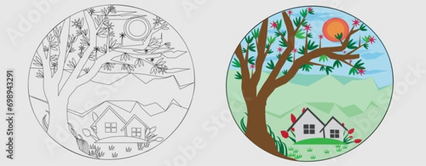 Obraz Beautiful village nature scene Illustration. Flower, Tree, House Vector Logo Design template And Coloring Page
